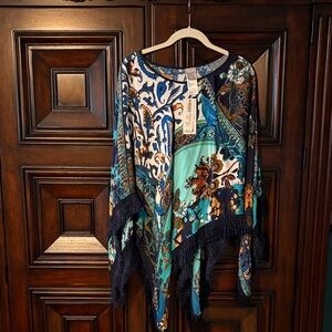 Chico's Teal & Navy Mixed Floral Patchwork Fringe Tunic